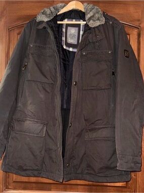 Bugatti Men's Gray Field Jacket with Faux Fur Trim
